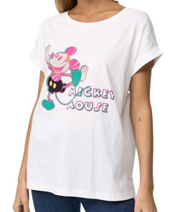 RE:COVERED X Disney Women's T-Shirt with Mickey Mouse Print, Cotton Crew Neck, MMDIS2597 Off-White