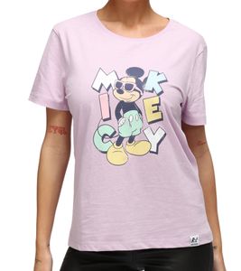 RE:COVERED X Disney Women's T-Shirt with Mickey Mouse Print, Cotton Crew Neck, RCDIF2071 Lilac