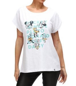 RE:COVERED X Disney Women's T-Shirt with Mickey Mouse and Friends Print, Cotton Crew Neck, RCDIF2065 White