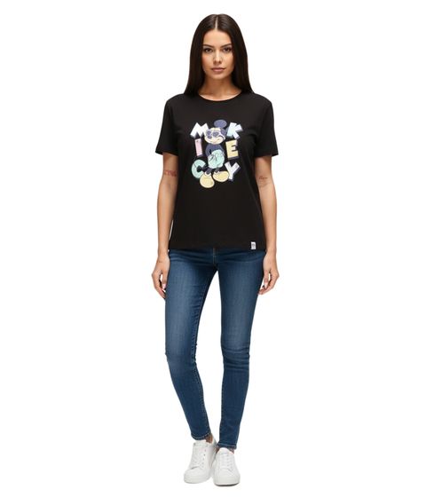 RE:COVERED X Disney Women's T-Shirt with Mickey Mouse Print in Pastel Colors, Cotton T-Shirt, Crew Neck, Short Sleeve, RCDIF2070 Black