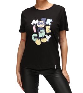 RE:COVERED X Disney Women's T-Shirt with Mickey Mouse Print in Pastel Colors, Cotton T-Shirt, Crew Neck, Short Sleeve, RCDIF2070 Black