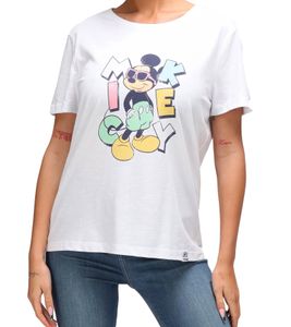 RE:COVERED X Disney Women's Sustainable T-Shirt with Mickey Mouse Print in Pastel Colors, Cotton Crew Neck Shirt RCDIF2072 White