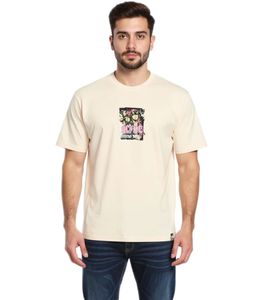 RE:COVERED X ACDC Men's T-Shirt with ACDC Band Print, Cotton Shirt with Large Lettering, Crew Neck Shirt, MMPER771 Beige