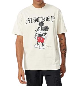 RE:COVERED X Disney Men's T-Shirt with Grumpy Mickey Mouse Print, Cotton Shirt with Large Lettering, Crew Neck, MMDIS2690 Beige
