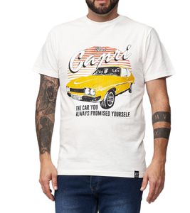 RE:COVERED X MUSTANG Men's T-Shirt with Ford MUSTANG Print, Cotton Crew Neck T-Shirt MMFRD386, Ecru-White