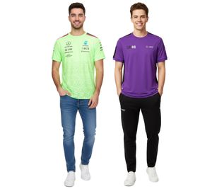 T-shirt homme Mercedes-Benz AMG Petronas F1 avec logos de sponsors ou imprimé George Russell à manches courtes, vert fluo ou violet
