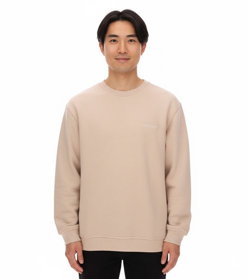 STONES men's oversized sweater, modern cotton sweater with round neck, sweatshirt 400gsm with logo embroidery, beige