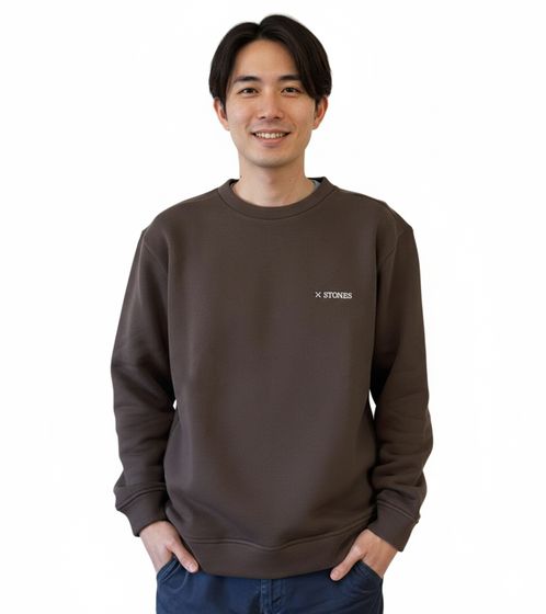 STONES Men's Sweater Cotton Sweater Round Neck Oversized Cut Sweatshirt 400gsm Dark Brown