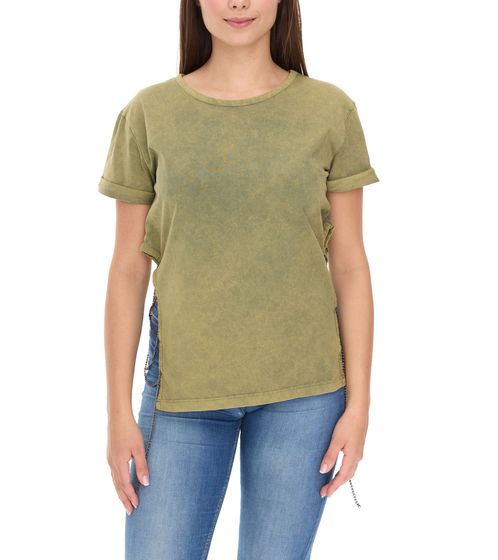 T-shirt femme ROCKUPY à manches courtes et fente latérale, en coton, col rond, vert, 393828
