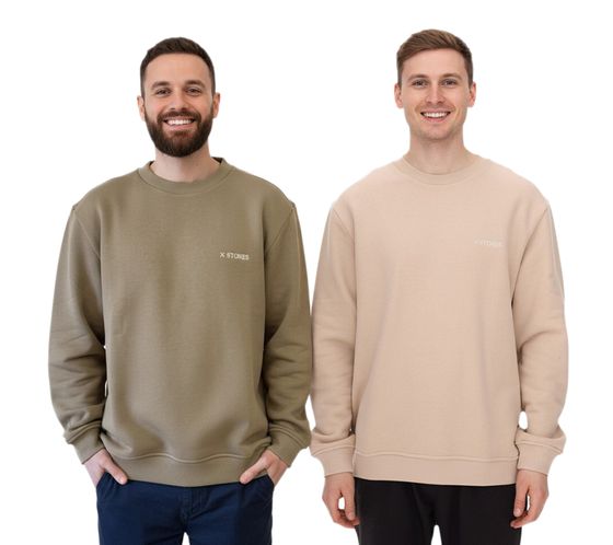 Pull oversize homme STONES, pull moderne en coton à col rond, sweat-shirt 400 g/m² avec broderie logo, beige ou marron clair
