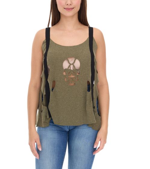ROCKUPY Ariana Damen Tank-Top mit Totenkopf-Ausschnitt Baumwoll-Shirt Sommer-Top mit Cut-Outs 366326 Khaki