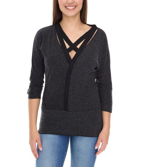 ROCKUPY Damen Sweatshirt Baumwoll-Shirt mit V-Ausschnitt 1/2 Arm W0418001 Grau