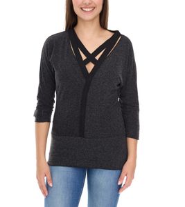Sweat-shirt en coton pour femme ROCKUPY, col en V, manches 1/2, gris W0418001