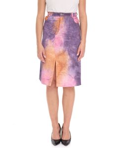 ROCKUPY Women's Skirt with Tie-Dye Pattern, Colorful Denim Skirt, Straight Summer Skirt, Midi Skirt with Slit RPW20_040901 917 Purple/Orange/Pink