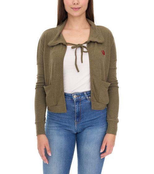 ROCKUPY Damen Baumwoll-Cardigan Bolero-Jacke Langarm-Strickjacke mit Taschen 330643 Khaki
