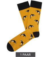1 pairs of Moustard Orca cotton socks with orca whale patterned long socks 18S-ORCA orange yellow/black/white
