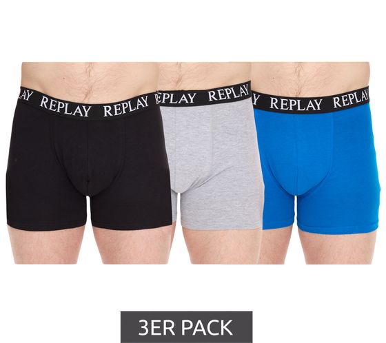 3er Pack REPLAY Herren Retro Boxershorts Baumwoll-Unterwäsche I101102-002 N175 Schwarz/Grau/Blau