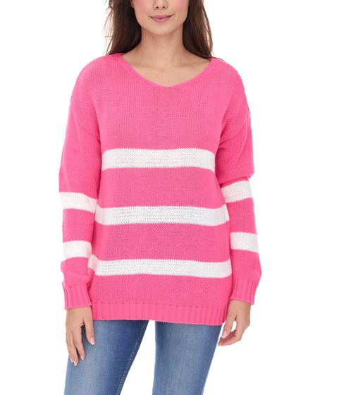 Aniston CASUAL Damen Strick-Pullover mit Baumwollanteil Alltags-Pullover Langarm-Shirt 39680449 Rosa/Weiß
