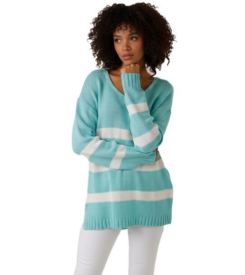 Aniston CASUAL Women's Knit Sweater with Cotton Content, Everyday Sweater, Long-Sleeved Shirt, 78647339 Turquoise/White