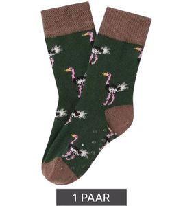 1 pairs of Moustard children's cotton socks with ostrich all-over print patterned stopper socks baby socks 20S-OSTR-1224 light brown/green/pink