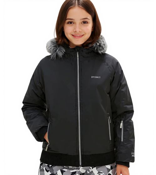 Kinder Winter-Jacke für Mädchen nachhaltige Ski-Jacke Outdoor-Jacke mit Kapuze und Fellrand zum abnehmen Schneejacke 938001 Schwarz