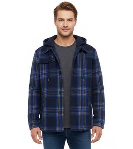 Chaqueta de transición de cuadros para hombre con contenido de algodón. Chaqueta sudadera con capucha desmontable y estampado de cuadros. 913708 Azul. Chaqueta de transición de cuadros para hombre con contenido de algodón. Chaqueta sudadera con capucha desmontable y estampado de cuadros. 913708 Azul.