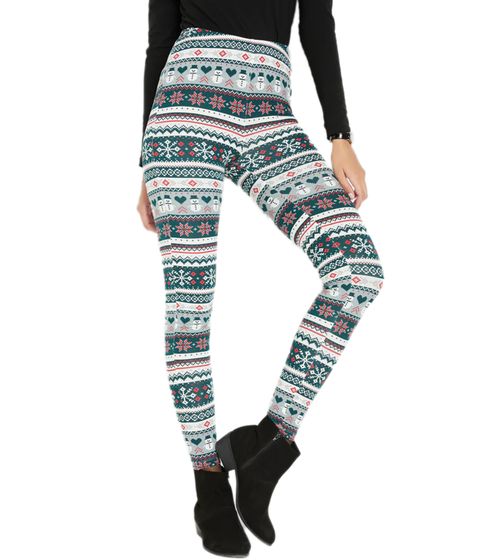 Women's Leggings with a Wintery All-Over Print, Sports Pants with a Snowman Motif, Homewear 951138 Green/White/Red