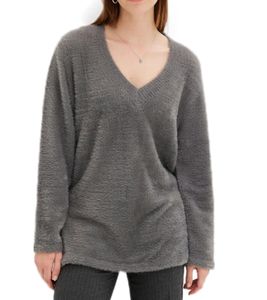 Maglione morbido in pile da donna, maglione lavorato a maglia con scollo a V, maglione base in filato di pile 924617 Grigio