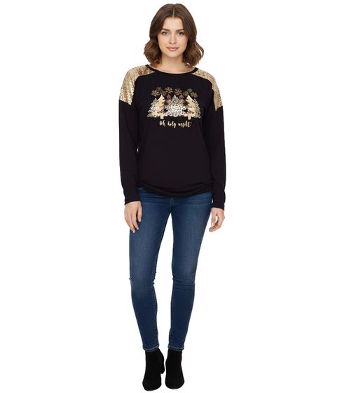 Women's Long-Sleeved Sweater with Christmas Pattern, Sequined Shirt, Long-Sleeve Shirt with Glitter Print 951384 Black/Gold