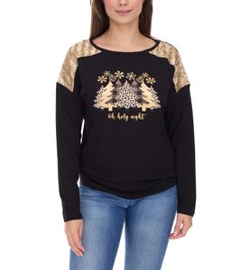 Maglione da donna a maniche lunghe con motivo natalizio Maglia con paillettes Manica lunga con stampa glitter 951384 Nero/Oro