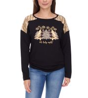 Maglione da donna a maniche lunghe con motivo natalizio Maglia con paillettes Manica lunga con stampa glitter 951384 Nero/Oro