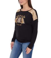 Maglione da donna a maniche lunghe con motivo natalizio Maglia con paillettes Manica lunga con stampa glitter 951384 Nero/Oro