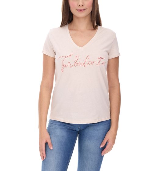 Les Tropeziennes Damen T-Shirt mit Kordel-Stickerei Baumwoll-Shirt Kurzarm-Shirt Beige