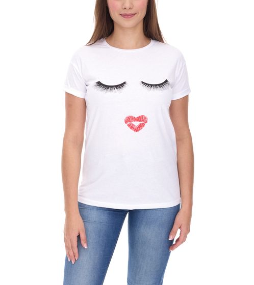 COURSE Damen T-Shirt mit Kussmund-Aufdruck Sommer-Shirt Baumwoll-Oberteil Freizeit-Shirt 900069 Weiß