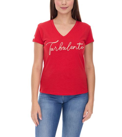 Les Tropeziennes Damen T-Shirt mit Kordel-Stickerei Baumwoll-Shirt Kurzarm-Shirt Rot