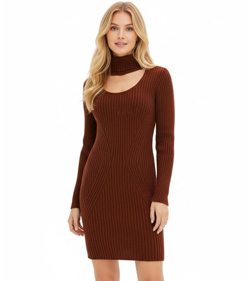 Abito corto in maglia da donna con collo alto e dettagli intagliati, abito a maniche lunghe 979792 marrone mogano