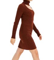 Abito corto in maglia da donna con collo alto e dettagli intagliati, abito a maniche lunghe 979792 marrone mogano