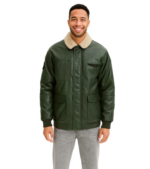Men's pilot jacket made of imitation leather, stylish outdoor jacket with teddy collar 934067 olive green
