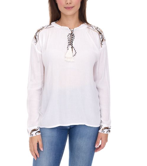 Les Tropeziennes Women's Blouse, Long-Sleeved Blouse with Embroidered Ornaments, Summer Top, Casual Blouse 232-0055 A White