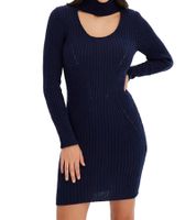 Abito corto in maglia da donna con collo alto e dettagli intagliati, abito a maniche lunghe 960726 blu scuro