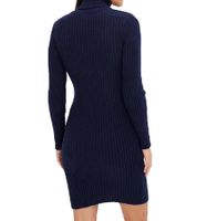 Abito corto in maglia da donna con collo alto e dettagli intagliati, abito a maniche lunghe 960726 blu scuro