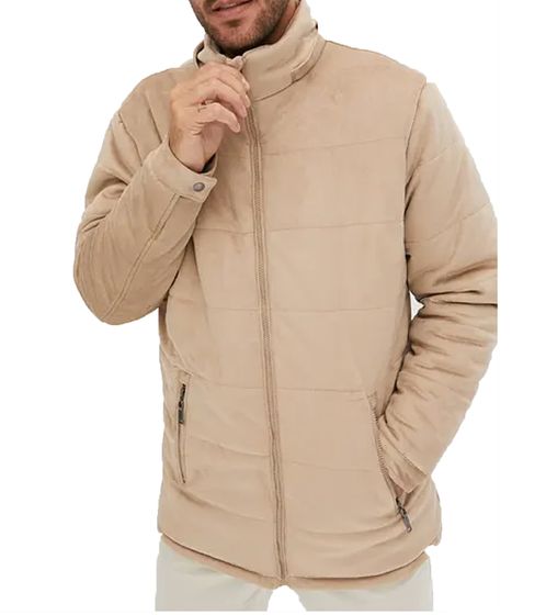 Men's Quilted Jacket in Suede Look with Hood, Padded Jacket 919039 Beige