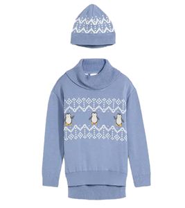Ensemble pull et bonnet tricotés pour garçon, pull col roulé, pull norvégien 975979 bleu