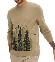 Men's Fine Knit Sweater, Crew Neck Sweater with Forest and Mountain Pattern, Winter Sweater 971556 Khaki Men's Fine Knit Sweater, Crew Neck Sweater with Forest and Mountain Pattern, Winter Sweater 971556 Khaki