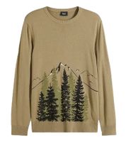 Men's Fine Knit Sweater, Crew Neck Sweater with Forest and Mountain Pattern, Winter Sweater 971556 Khaki Men's Fine Knit Sweater, Crew Neck Sweater with Forest and Mountain Pattern, Winter Sweater 971556 Khaki