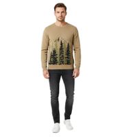 Men's Fine Knit Sweater, Crew Neck Sweater with Forest and Mountain Pattern, Winter Sweater 971556 Khaki Men's Fine Knit Sweater, Crew Neck Sweater with Forest and Mountain Pattern, Winter Sweater 971556 Khaki