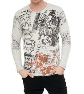 Men's Long-Sleeve Shirt with Urban Motif Print, Long-Sleeved Shirt with Button-Down Neckline, R-10141 Beige