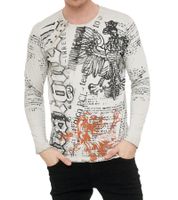 Camisa de manga larga para hombre con estampado de motivos urbanos. Camisa de manga larga con tapeta de botones en el escote. R-10141 Beige