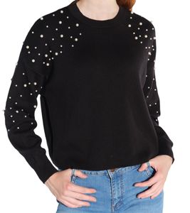 vestino Women's Short Knit Sweater with Cotton Content, Cropped Sweater with Pearls, Summer Sweater 901148 Black