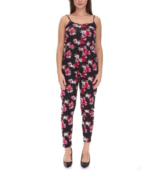 vestino Damen Jumpsuit mit Blumen-Print Sommer-Einteiler Langarm-Overall verstellbare Träger 900379 Schwarz